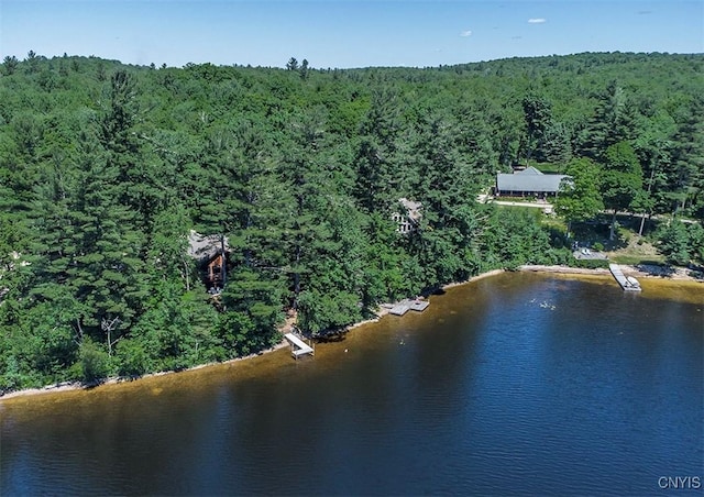 birds eye view of property with a water view and a wooded view