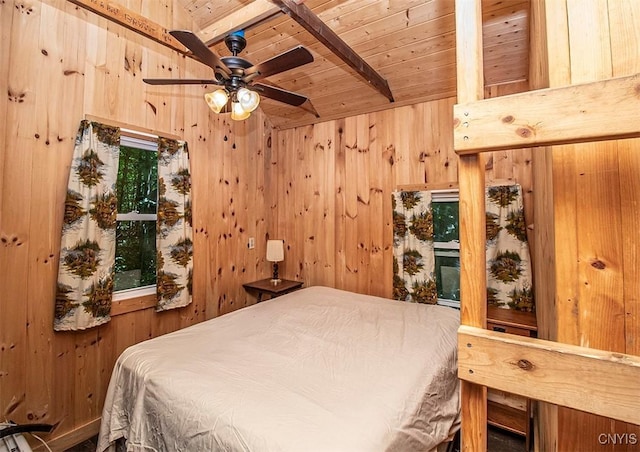 bedroom featuring wood ceiling, wood walls, and beamed ceiling