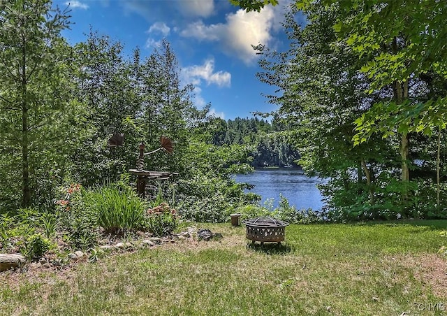 view of water feature featuring an outdoor fire pit and a wooded view