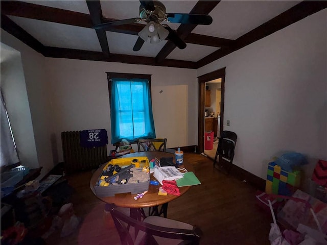 game room featuring beamed ceiling, coffered ceiling, wood finished floors, and a ceiling fan