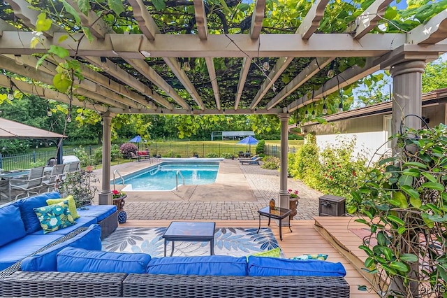 view of swimming pool featuring a fenced in pool, a fenced backyard, an outdoor living space, and a pergola