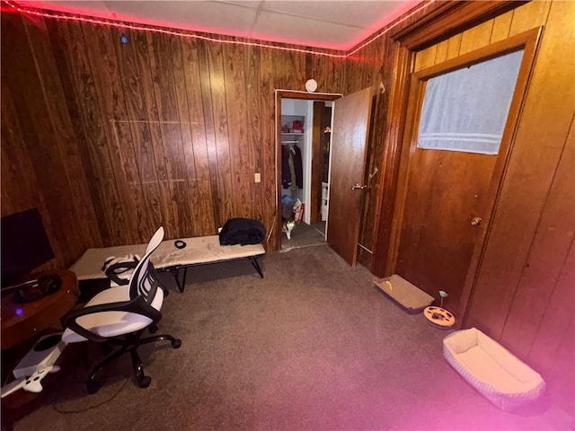 unfurnished office with wood walls and carpet flooring