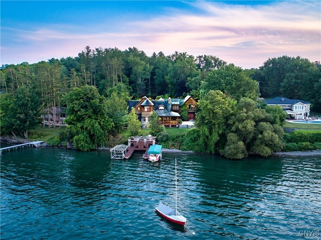 property view of water with a forest view