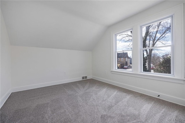 additional living space featuring carpet floors, baseboards, visible vents, and lofted ceiling