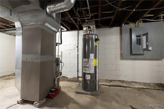 utility room with water heater, electric panel, and heating unit