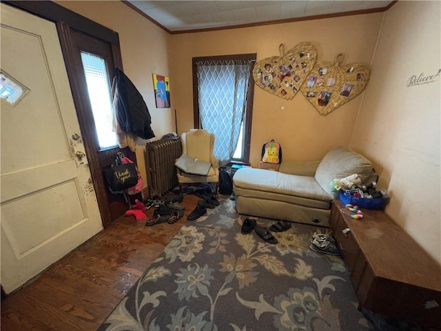 sitting room featuring crown molding, radiator heating unit, and wood finished floors