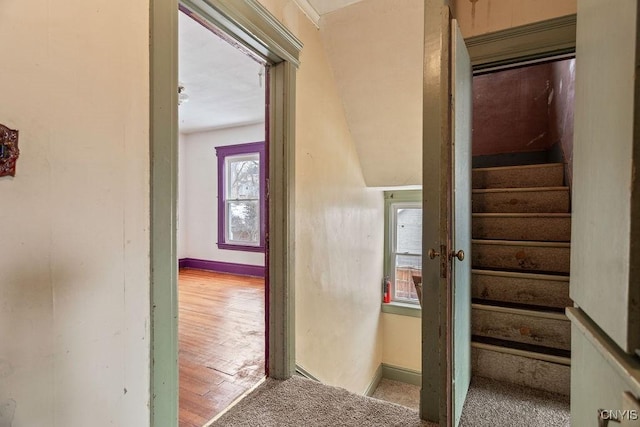 stairway with wood finished floors and baseboards