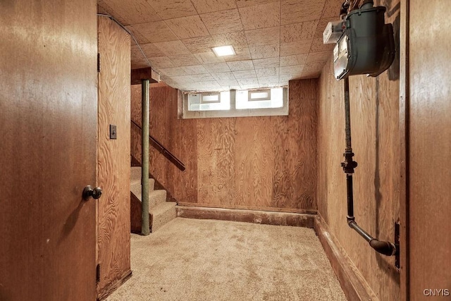 below grade area with stairs, wood walls, and carpet