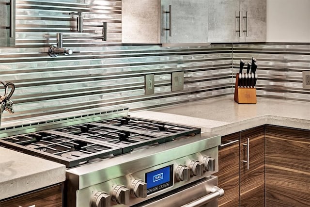 kitchen featuring stainless steel gas range and tasteful backsplash