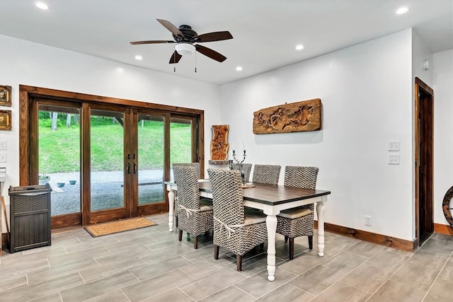 dining room with a ceiling fan, recessed lighting, french doors, and baseboards