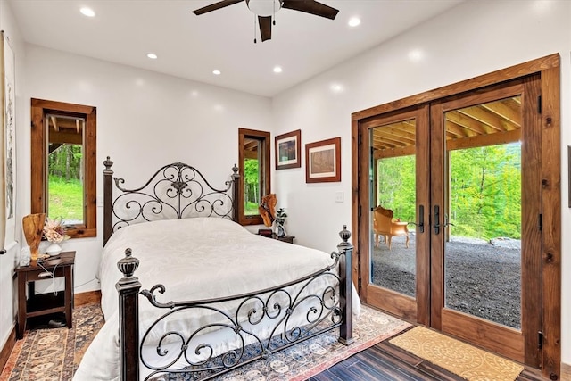 bedroom featuring access to outside, french doors, multiple windows, and recessed lighting