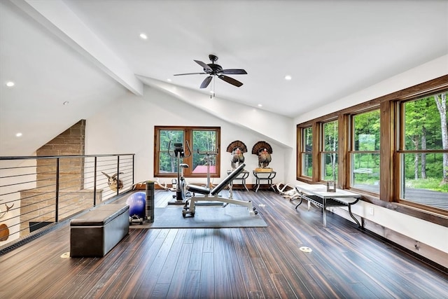 workout area with lofted ceiling, wood finished floors, and recessed lighting