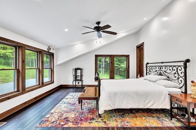 bedroom featuring baseboards, vaulted ceiling, wood finished floors, and recessed lighting