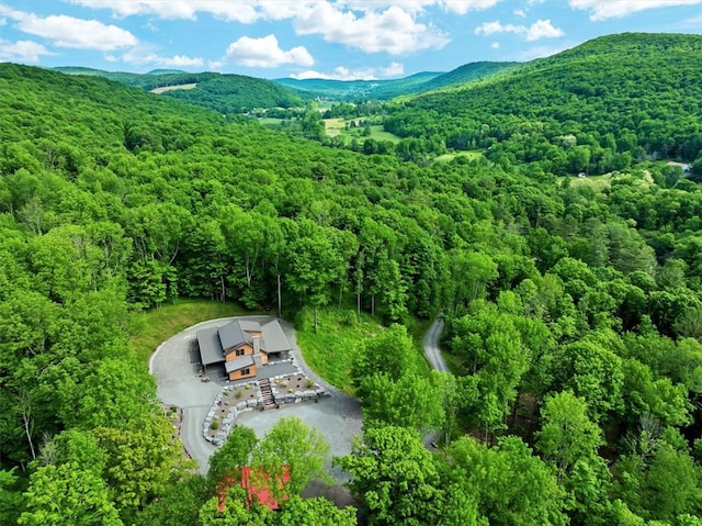 aerial view featuring a mountain view and a view of trees