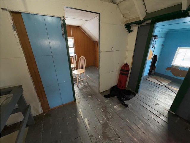 hall with vaulted ceiling and wood-type flooring