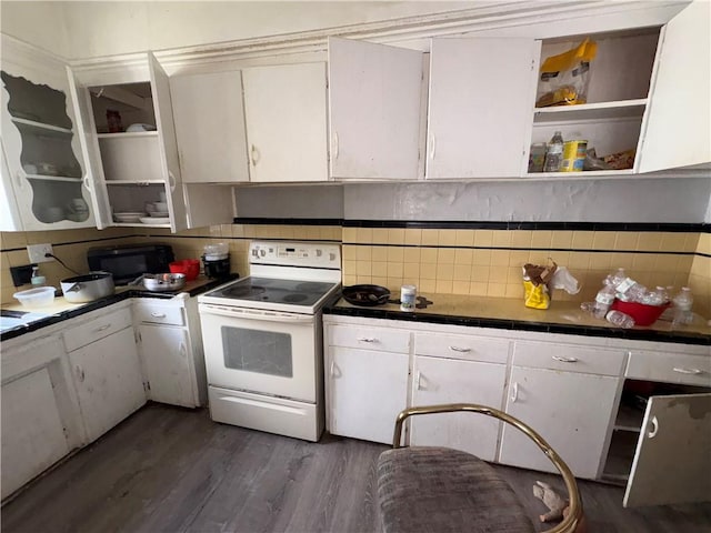 kitchen with decorative backsplash, wood finished floors, electric range, white cabinets, and open shelves