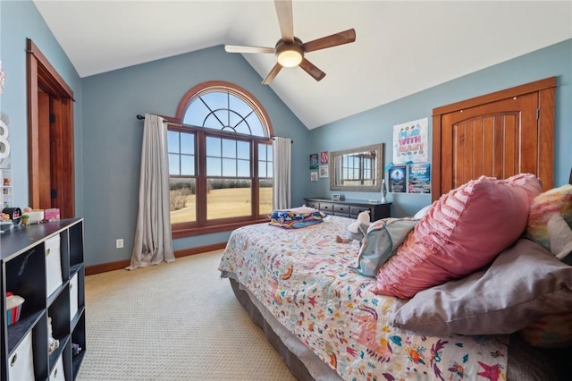 bedroom with light carpet, ceiling fan, lofted ceiling, and baseboards