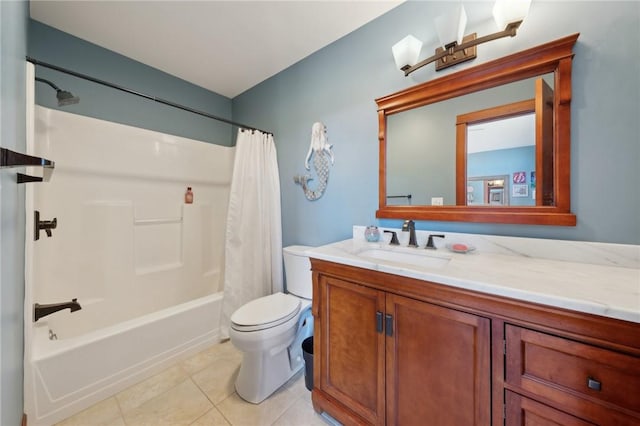 full bath featuring shower / bath combination with curtain, vanity, toilet, and tile patterned floors