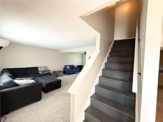 stairs featuring carpet floors and a textured ceiling