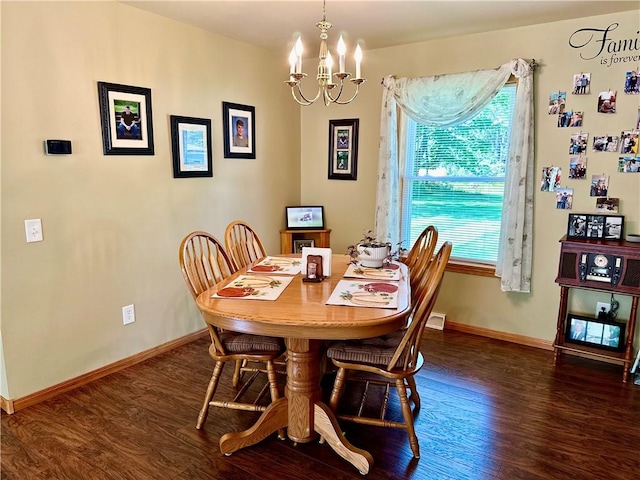 dining room featuring an inviting chandelier, baseboards, and dark wood-type flooring