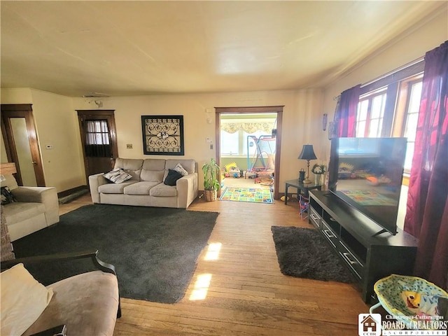 living room featuring a healthy amount of sunlight and wood finished floors