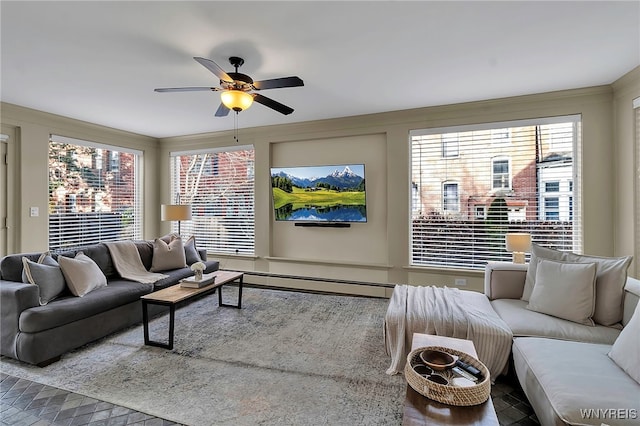 living area with ceiling fan and a baseboard heating unit