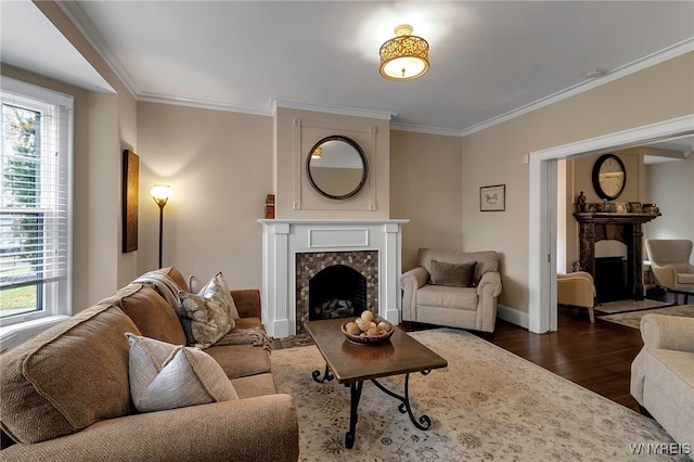 living area with crown molding, dark wood-style flooring, a fireplace, and baseboards