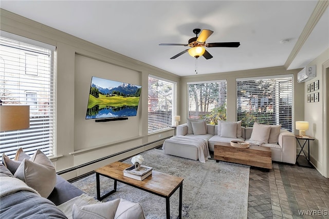 sunroom featuring a baseboard heating unit, an AC wall unit, and a ceiling fan