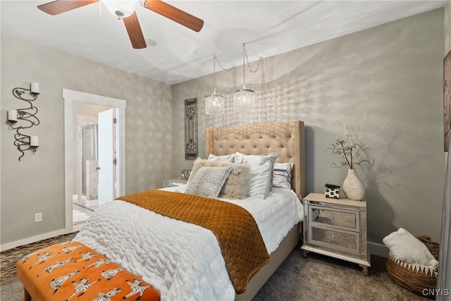 bedroom with baseboards, dark carpet, and a ceiling fan