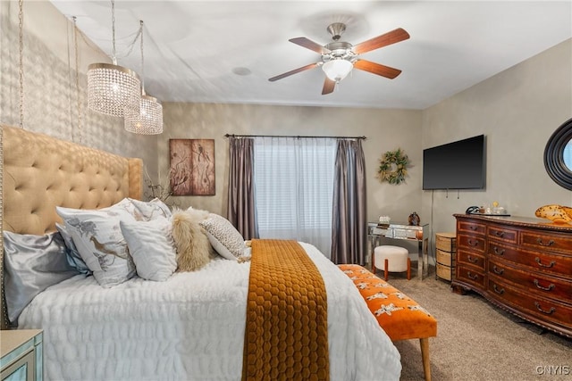 carpeted bedroom featuring a ceiling fan