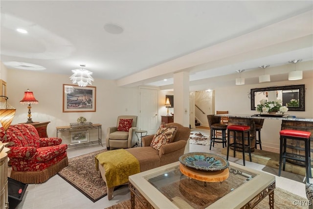 living room with stairway