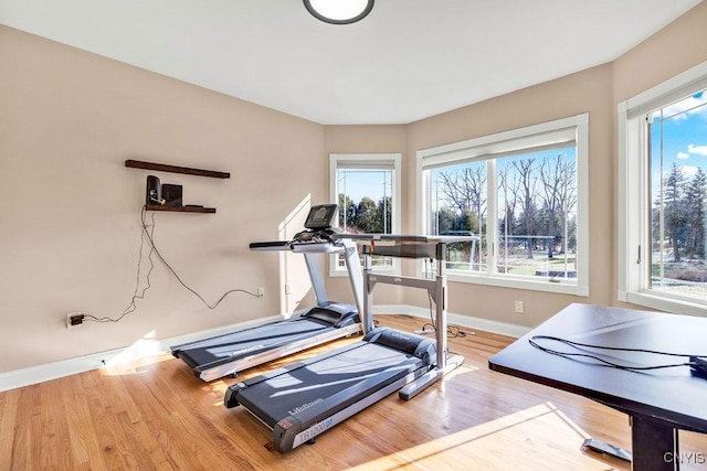 exercise room with a wealth of natural light, baseboards, and wood finished floors