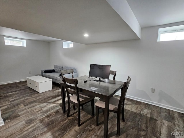 dining space with dark wood-style flooring, recessed lighting, and baseboards