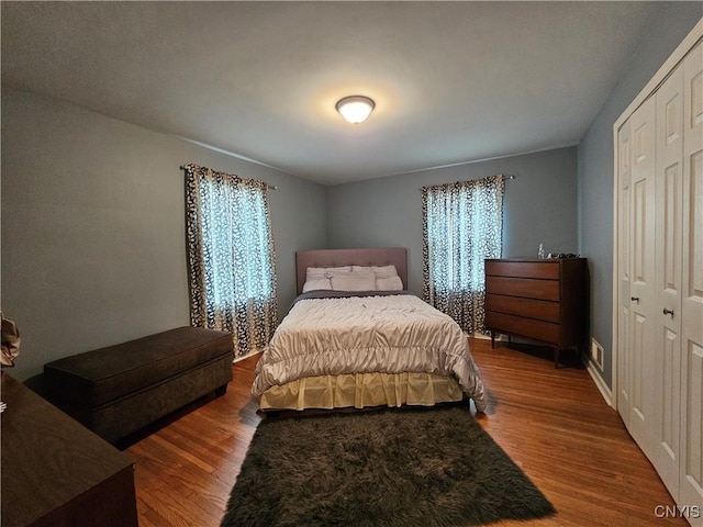 bedroom featuring a closet, multiple windows, and wood finished floors