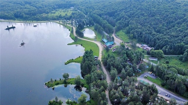 aerial view featuring a forest view and a water view