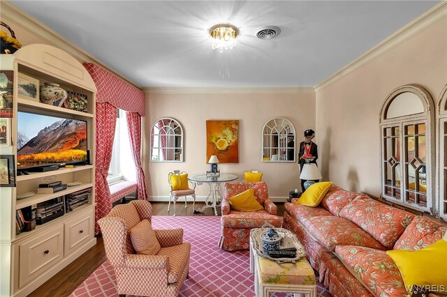 living area with dark wood-style floors, visible vents, and crown molding