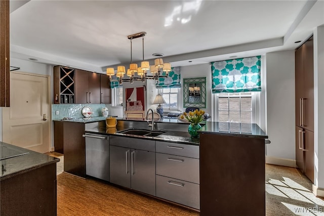 kitchen featuring pendant lighting, backsplash, a sink, dark brown cabinets, and dishwasher