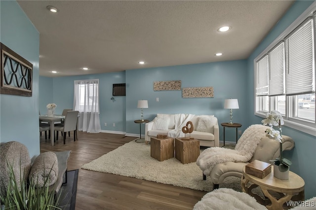 living area featuring baseboards, wood finished floors, and recessed lighting