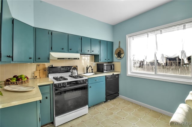 kitchen with stainless steel microwave, exhaust hood, black dishwasher, tasteful backsplash, and gas range oven