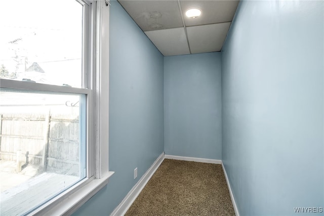 interior space with a drop ceiling, carpet flooring, and baseboards