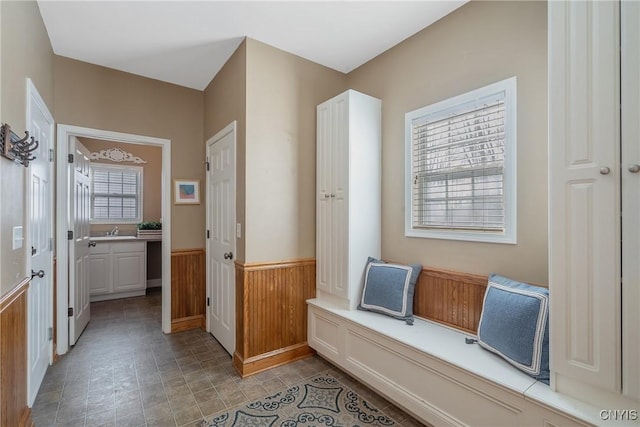 mudroom featuring wooden walls, a sink, and wainscoting