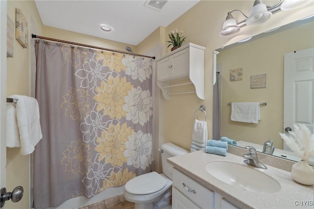 full bath with toilet, shower / bath combo, visible vents, and vanity