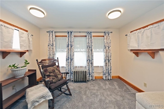 sitting room featuring carpet, radiator heating unit, and baseboards