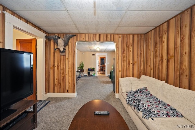 bedroom with an ornate ceiling, arched walkways, carpet flooring, wooden walls, and baseboards