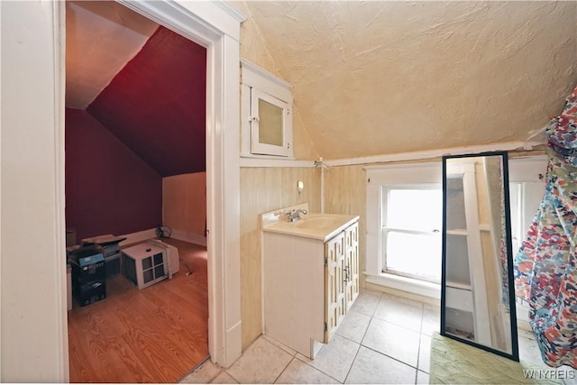 additional living space with a textured ceiling, a sink, and lofted ceiling