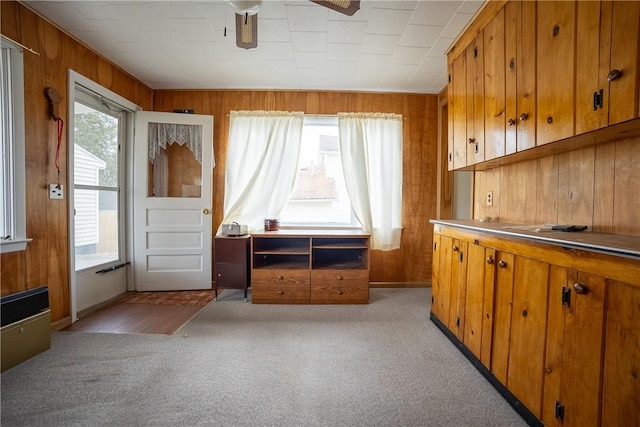 interior space featuring wood walls, brown cabinets, and light colored carpet