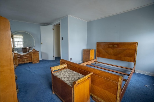 bedroom with carpet floors and ornamental molding