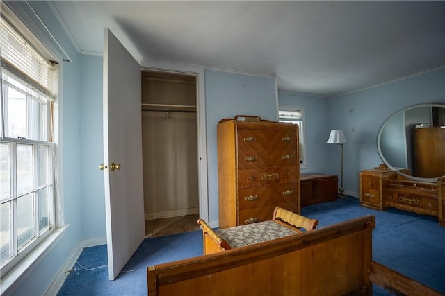 carpeted bedroom featuring baseboards, multiple windows, a closet, and crown molding