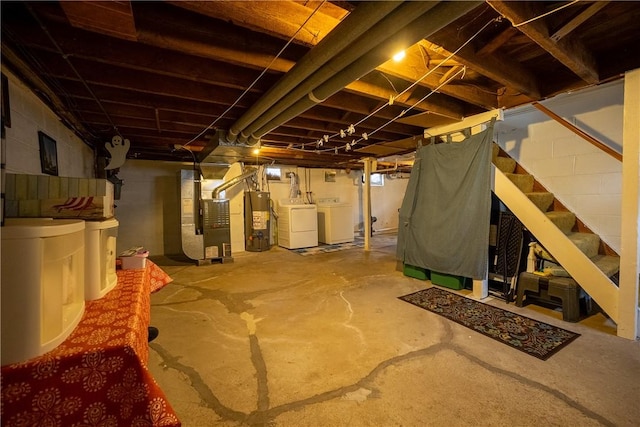 unfinished below grade area with heating unit, water heater, stairway, and independent washer and dryer