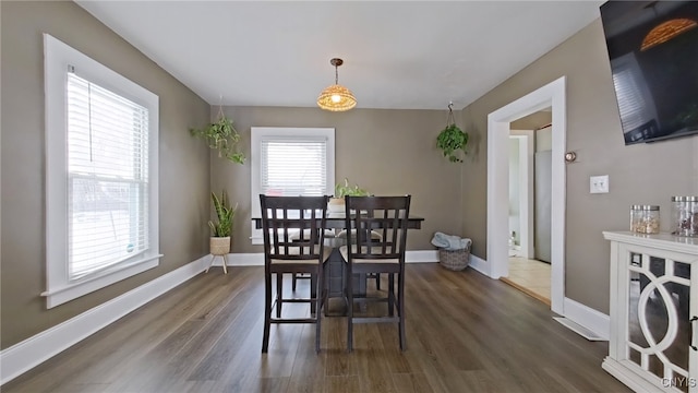 dining area featuring dark wood-style floors and baseboards